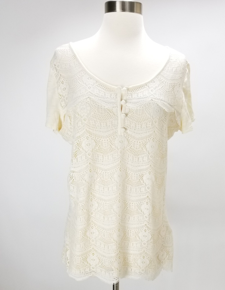 Lucky Brand Short Sleeve Top Crochet Lace Overlay